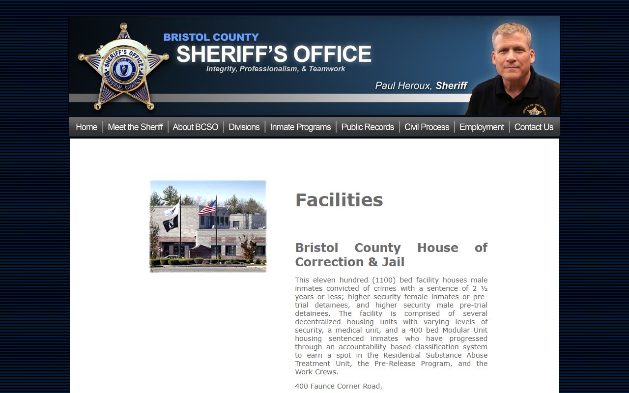 BCSO facilities page showing Dartmouth Women's Center as a separate Bristol County facility