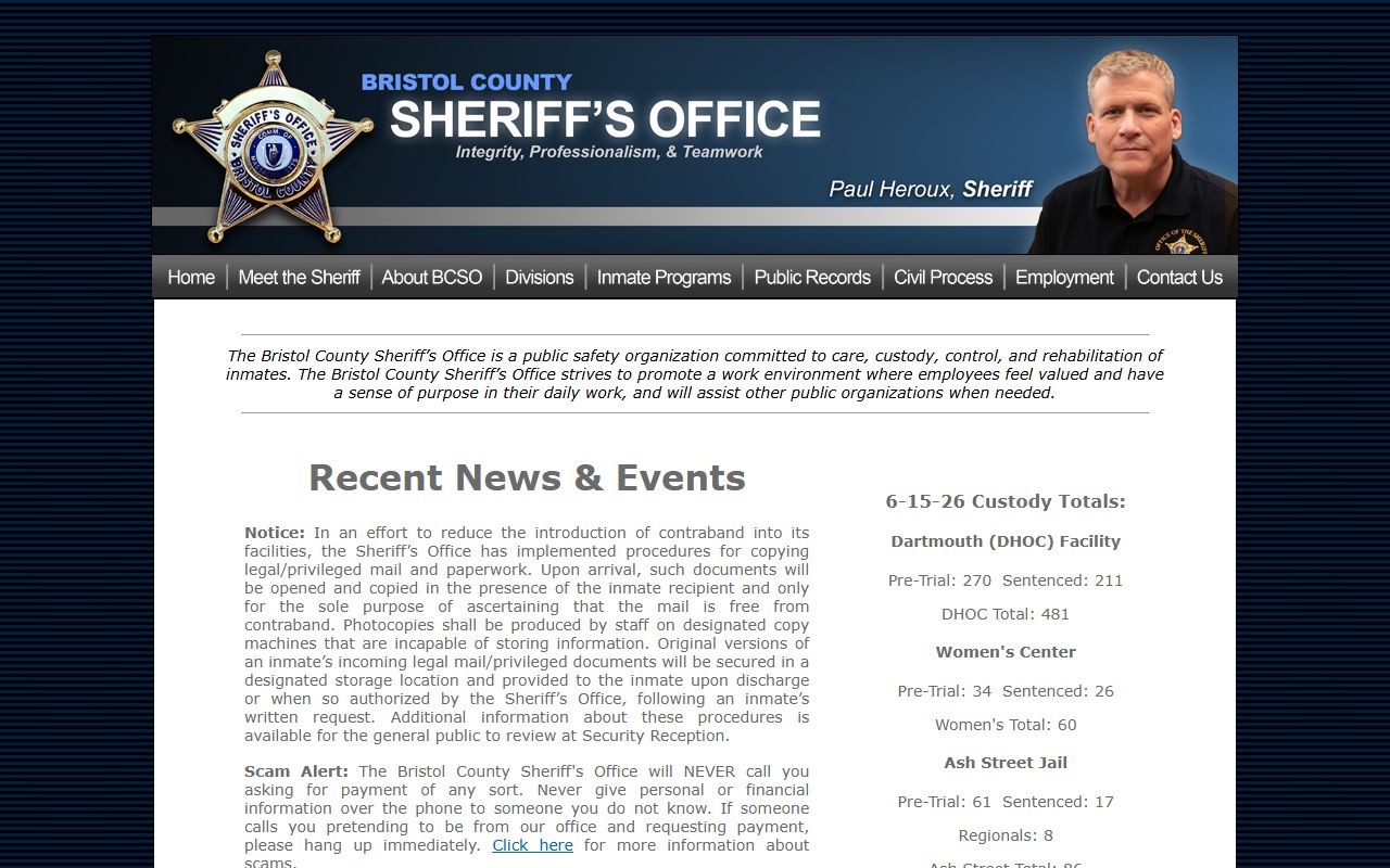 BCSO custody totals dated June 15 2026 showing Women's Center pretrial sentenced and total counts
