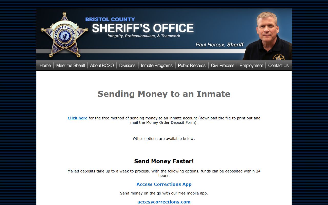 BCSO money deposit page showing Access Corrections options and Dartmouth lobby cash-only kiosk notice
