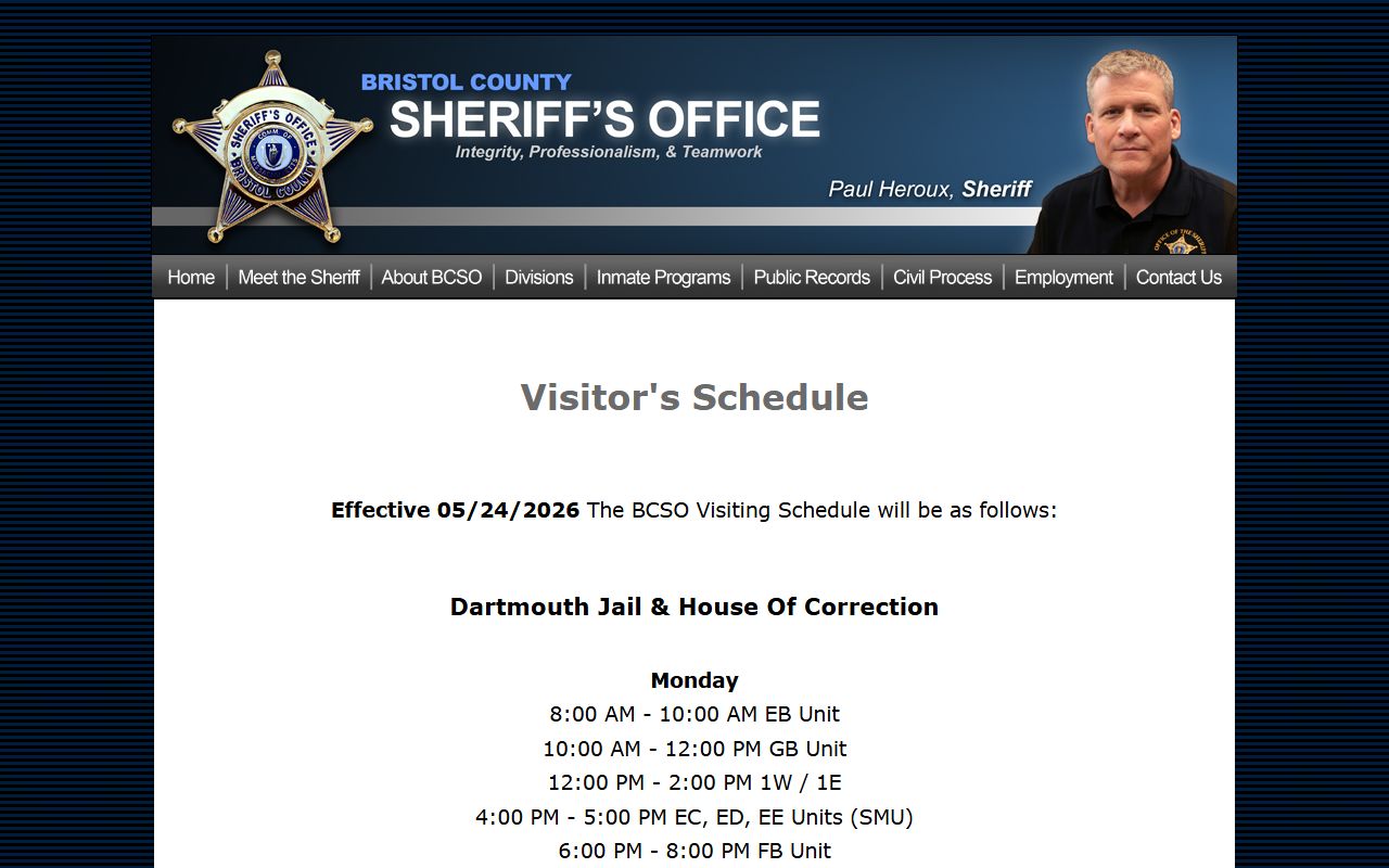 BCSO visitor schedule showing Dartmouth Women's Center Saturday and Sunday wing visiting times
