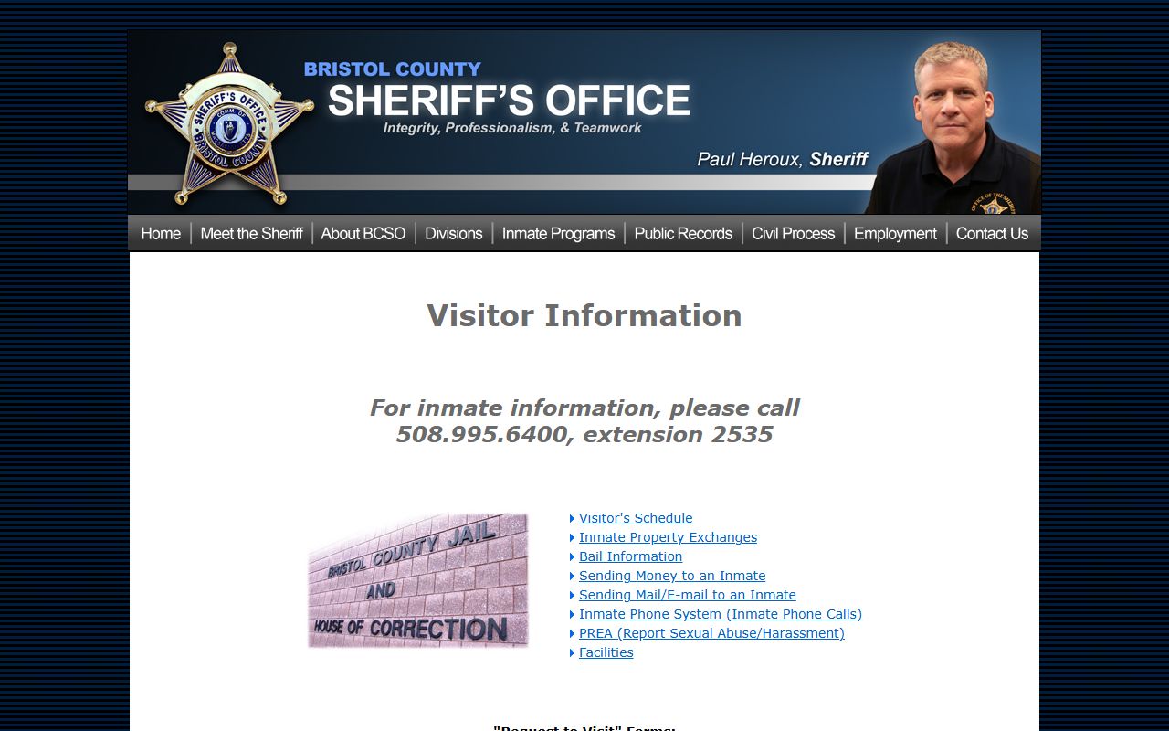 BCSO visitor information page showing the inmate information phone line