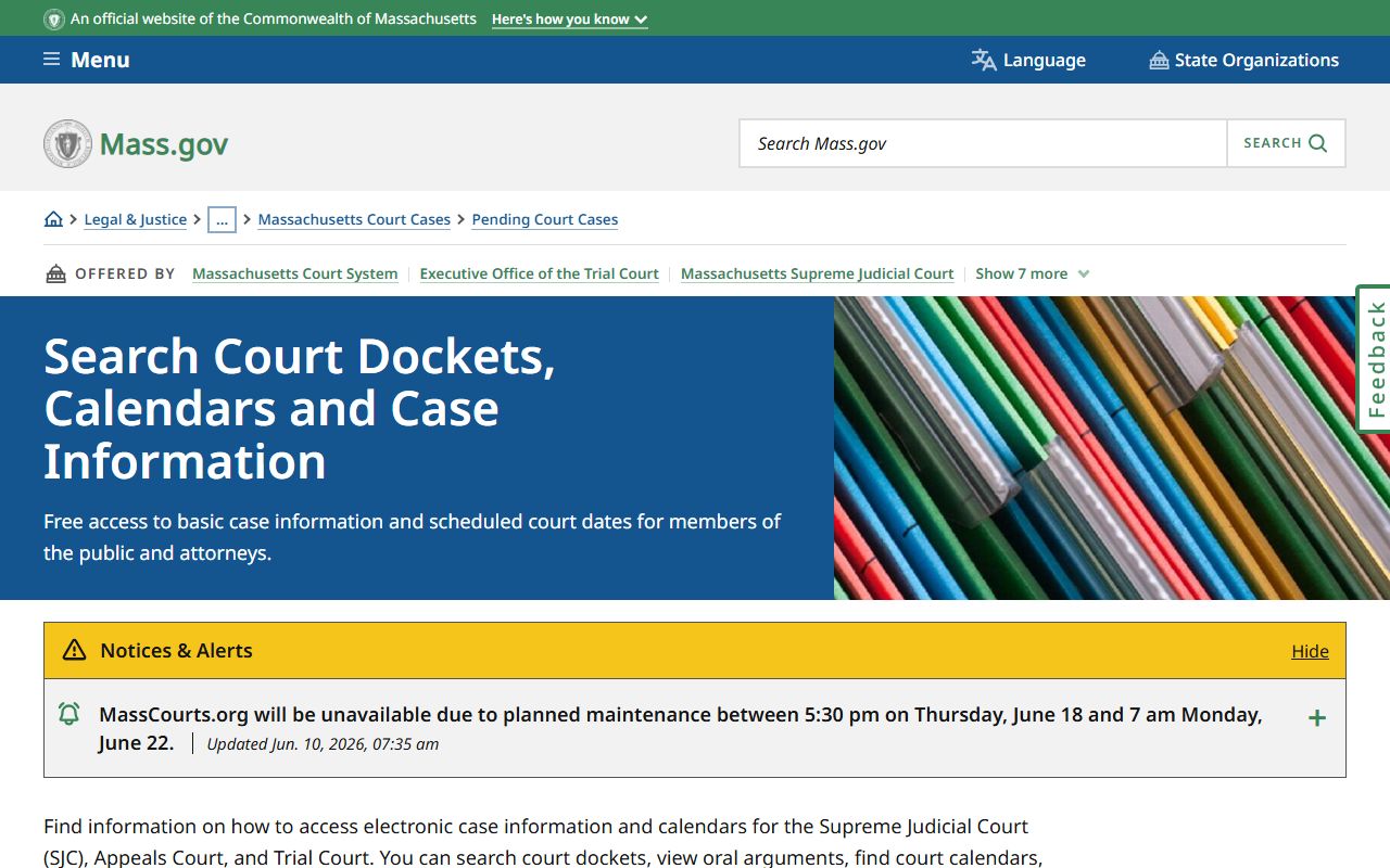Bristol County court records after arrest Mass.gov docket search page